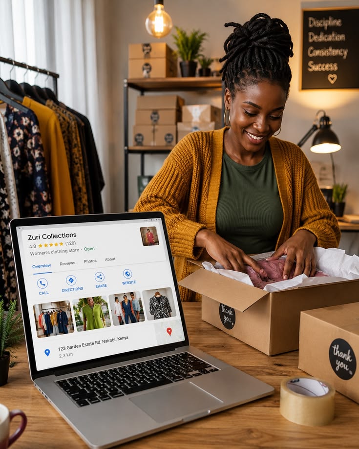 Entrepreneure préparant une commande dans sa boutique, avec la fiche Google de son commerce affichée sur un ordinateur